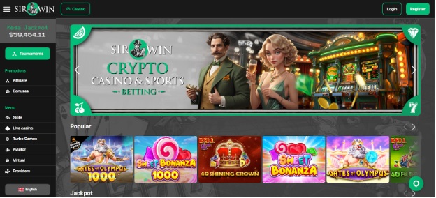 Sirwin gentleman-themed crypto casino homepage with 7000 games and VPN-friendly access.
