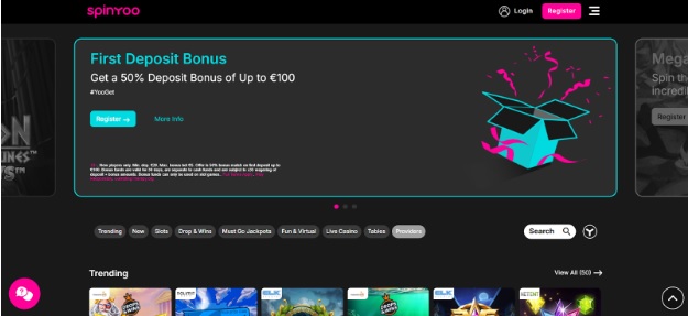 Spinyoo licensed online casino homepage featuring 4000 slots and Evolution live dealer games.