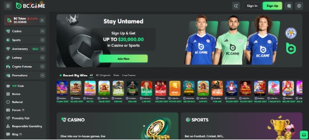 BC.Game casino and sportsbook interface with 150 cryptocurrency options and 8000 games.