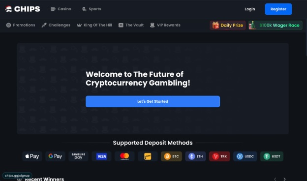 Chips.gg platform showing anonymous crypto gaming and original casino games.