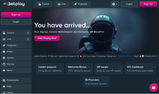 Betplay.io homepage featuring anonymous bitcoin gaming and sports betting options.