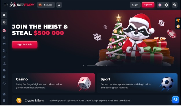 BetFury homepage showing anonymous crypto gaming and staking opportunities