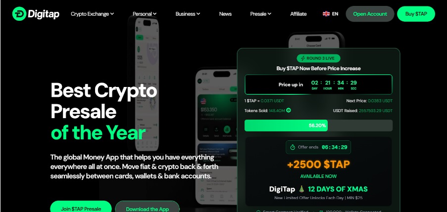 DigiTap banking app crypto presale Visa card integration