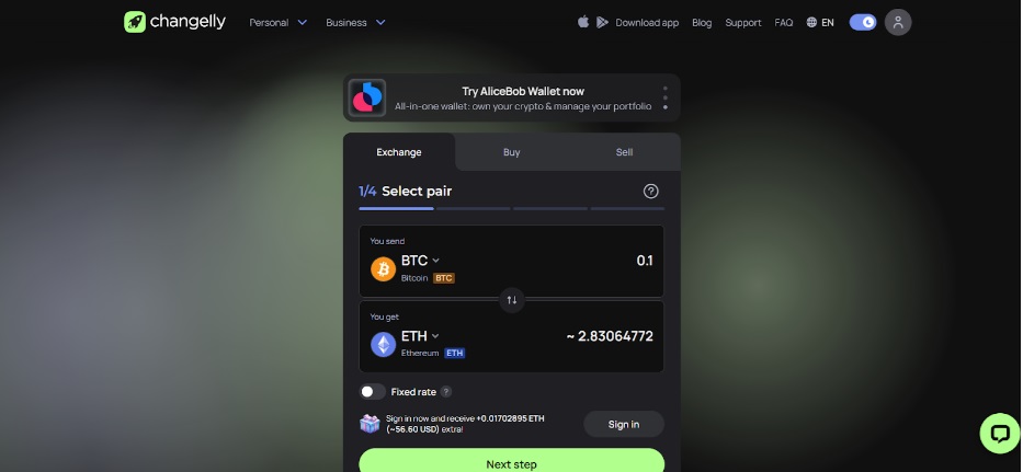 Changelly exchange platform showing 4-step BTC to ETH swap process with fixed rate toggle and sign-in bonus incentive for registered users.