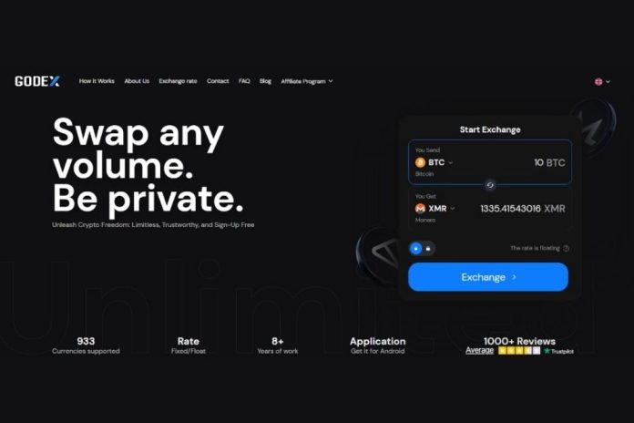 Godex instant crypto exchange homepage showing BTC to XMR swap interface with no KYC required, 933 supported currencies, and 1000+ Trustpilot reviews.